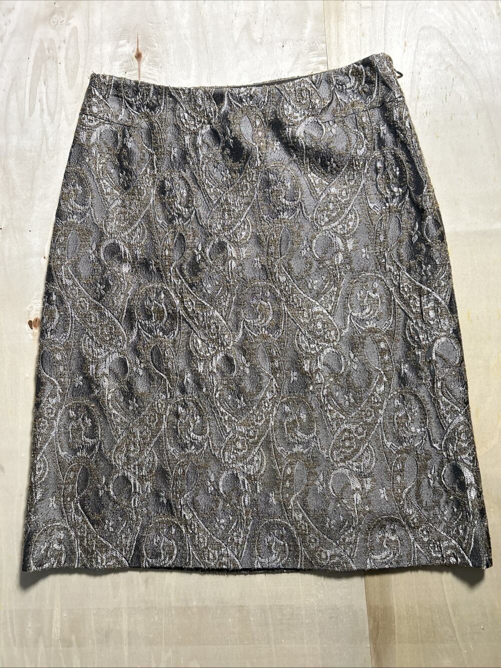 Lida Baday Skirt sz 6 Metallic Tan/Pewter Paisley Jacquard Brocade Shimmer VTG